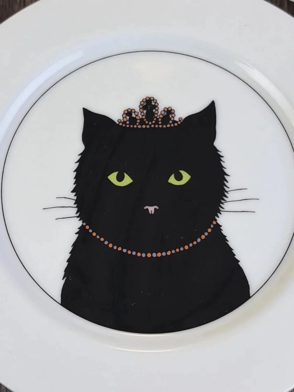 Set of 4 Plates & 4 Mugs Dept 56 Cat's Meow His & Hers Black Cat 7.5